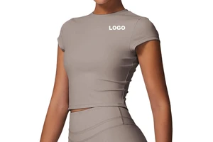 Custom Logo Women Short Sleeve Gym Top Neck Fitted Lightweight Skinny Sports Stretch Breathable Spandex/Nylon Yoga T-Shirts