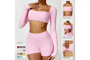 Long Sleeve Square Collar Tank Top 2-Piece Suit Solid Color Scrunch Butt Breathable Quick Dry Gym Fitness Workout Sets For Women