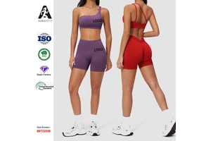 Seamless Solid Yoga Set for Women One-Shoulder Quick-Dry 2-Piece Sports Outfit Outdoor Casual Running Fitness Wear