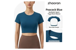 Peacock Blue Yoga Short Sleeve Wholesale Women Aesthetic Sport Crop Top Quick Dry Spandex/Nylon Backless Gym T-shirt Bulk Price