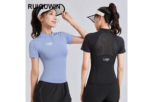 RUIQUWIN Custom Women's Outdoor Running Short Sleeve T Shirt Half Zip High Stretch Yoga Top Breathable Mesh Back Fitness Shirt