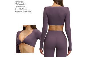women sports fitness yoga wear brushed solid breathable long sleeves deep V neck crop top T-shirts for running