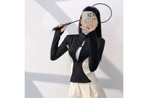 ZK Sexy Skinny Stylish Zippered Women's High Elastic Fabric Wear Long Sleeve Jacket Tight Sport Running Yoga Fitness Sports Top