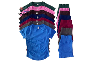 TORO SKINS 2-Piece Women's Solid Active Stretch Nylon Longline Short Sleeve Gym Crop Top High-Waist Workout Shorts Yoga Set 500g
