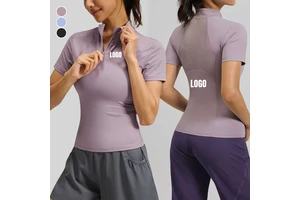 Wholesale Women's Quick Drying Yoga T-Shirts Short Sleeve High Elastic Slim-Fit Outdoor Running Half Zip Sports Fitness Top