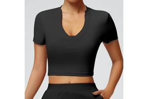 High Quality Summer Casual Solid Short Sleeve V Neck Quick Dry Yoga Top and Nylon Fabric Gym Workout T-Shirt for Women