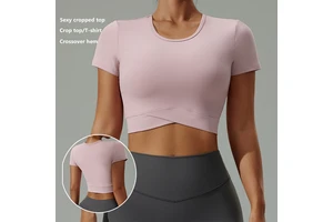 Women Summer Yoga T Shirt Round Neck Cropped Top High Elastic Breathable Slim Fit Sexy Quick Dry Sports Fitness Short Sleeve