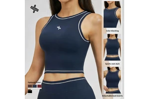 Custom Women's Contrast Piping Sports Tank Top Round Neck Cropped Yoga Tank with Removable Pads Gym Workout Bra