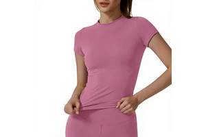 Cross-border High-Elastic Spandex/Nylon Quick Dry Yoga Top Color Blocking Tight-Fitting Crew Neck Women's Outdoor Fitness Front