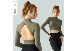 Wholesale Skin Friendly Yoga Long Sleeve Fixed Cup Hollow Out Standing Collar Running Long Sleeves