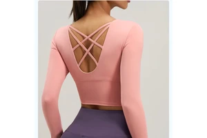 Women Beauty Back Long Sleeve With Pad Yoga Top Lady Fashion Cross Back Sport Top Female Sexy Quick Dry Gym Workout Clothes