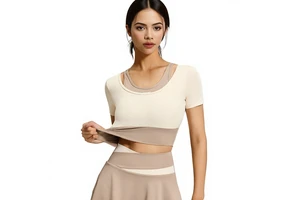 Women's Built-in Bra Pad Yoga Top 2 in 1 Layered U Neck Short Sleeve Gym Workout Shirt Slim Fit Plus Size Pilates Top OEM ODM