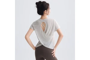 Women's Lightweight Short Sleeve Workout Tops Breathable Cross Back Hollow Loose Fit Yoga Athletic T-Shirts Plus Size Front