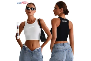 Women's Round Neck Gym Yoga Clothing Ribbed Breathable Fashion Padded Workout Fitness Basic Simple Vest Sleeveless Crop Top