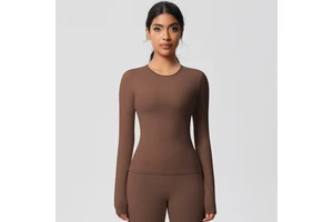 Women Nylon Long Sleeve Workout Top Round Neck Slim Fit Quick Dry Athletic Shirt Yoga Gym Fitness Running