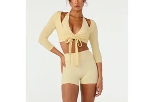 OEM Women Deep V Neckline Self Tie Waist Active Wear Solid Three Quarter Sleeves Yoga Shirt Adjustable Ballet Wrap Yoga Crop Top