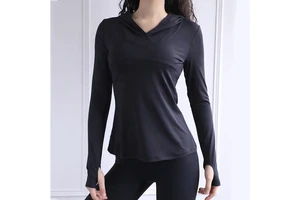 New Design Workout Tops Custom V Neck Quick Dry Hood T Shirts Womens Long Sleeve Sexy Mesh Back Yoga Sweat Shirt
