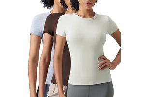 D25096 Women Nude Feeling Short Sleeve Stretchy Slim Fit Crew Neck Yoga Top