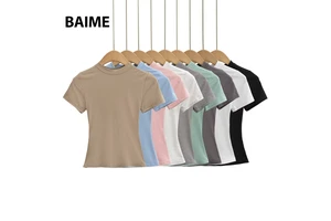 Hot Sale Solid Color Women's T Shirt Round Neck Sexy Slim T-shirt Fashion Short Sleeve T-Shirt