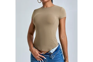 Women's Dry Fit Summer Workout Compression Tops Crew Neck Short Sleeve Yoga Gym Tees Stretchy Slim Fit Knitted Fabric