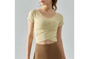 Short-Sleeve Fitted Yoga Top with Cross Pleats, Built-in Pads & Nude Feel - Slimming Athletic T-Shirt for Workouts