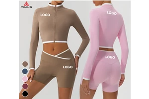 YILING Color-Block Long Sleeve Breathable Fitness Tops Full Zipper Stand Collar Warm Sports Jackets Windproof Fleece Yoga Jacket