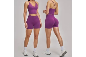 Private Label Slim Fit Women Seamless Yoga Set Cross Strap Tank Top High Waist Butt Lift Shorts Fitness Sports Active Gym Set