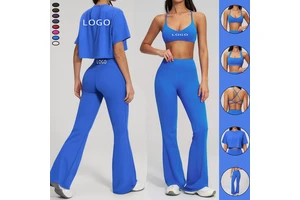 CROSS BACK YOGA BRA BACKLESS FITNESS TOP LOOSE CROP TOP SOFT SHIRTS GYM WEAR SPORTSWEAR 4PCS YOGA SETS for Women CLOTHES