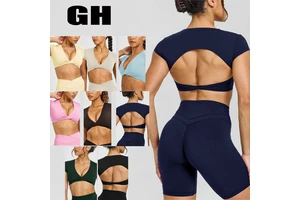 GH Summer XS-XL Causal Outwear Women's Open Back Short Sleeve Yoga Top Solid Color Deep V Neck Twist Knot Cropped Fitted T-Shirt