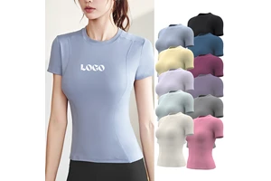 OEM Custom Women's Fitness Running Workout Yoga Tops Quick Dry Gym Active Wear Crew Neck Slim Fit Waist Short Sleeve T-Shirts