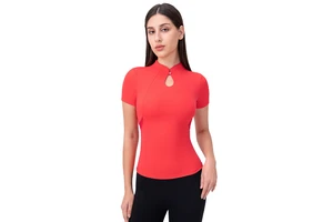 Nylon Chinese Style Buckle Yoga Top Short Sleeves with Chest Cushion Nude Feeling High Elasticity Tight Pilates Sport Top