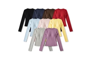 Autumn Women's Lightweight Breathable Built-in Bra Slim Fit Round Neck Long Sleeve Yoga T-Shirt