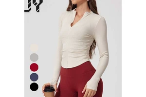 Form-fitting Nude-Feel Long-Sleeve Ribbed Yoga Top Outdoor Sports Top with Stretch and Slimming Effect Half-Zip Training Top