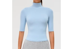 Wholesale Girls Ribbed Yoga Pilates Top Half-sleeve Fitness Workout Top High Neck Stretchy Running Sportswear