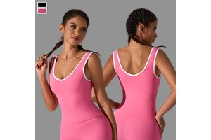 Gym Fitness Color Blocking V-Neckline Sleeveless Tank Top Workout Tops Wide Strap Removable Pads Yoga Bra for Women
