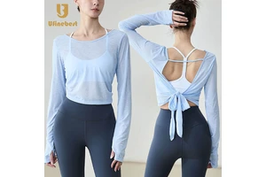 Lightweight & Seamless Sports Top with Long Sleeves Breathable Yoga Blouse Backless Lacing Slim Neck T-Shirts for Yoga Exercise