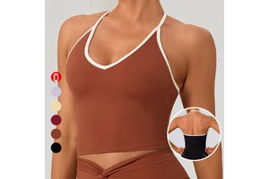 Wholesale Contrast Color Backless Women's Yoga Workout Top V-neck Pilate Running Gym Wear Halter Sports Tank Tops With Chest Pad