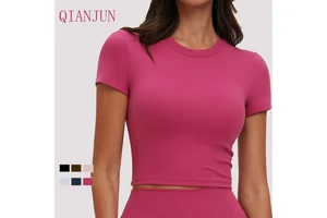 Women's Quick-Drying Gym Workout Active Wear Sport T-Shirt Four-Way Stretch Short Sleeve Yoga Top for Gym Running
