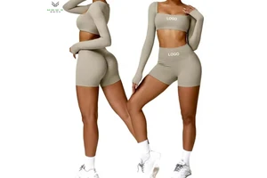 2024 Women's Sport Top Gym Yoga Crop Top and Biker Short Set Long Sleeve Fitness Clothing with Elastic Waist Closure Hot Sale