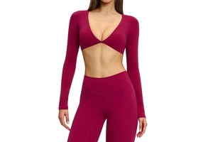Women's Stylish Lightweight Breathable V-Neck Crop Yoga Shirt Long Sleeve Casual Sports Top for Outdoor Fitness & Running