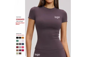 Spring T-Shirt Quick-Drying Yoga Wear Tight-Fitting Spandex/Nylon Fitness Top Blouse Outdoor Running Sports Women's Crew Neck