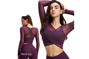 New Breathable Mesh Four-Way Stretch V-neck Blouse Fitness Sports Hollow Tight-fitting Women's Long Sleeve T-shirt