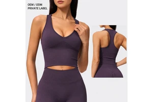 Custom Logo Women Seamless Racerback Crop Tank Top V Neck Yoga Gym Top Wholesale OEM ODM