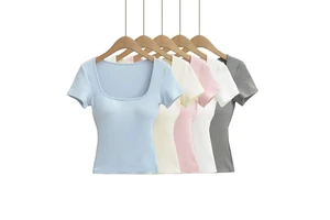 Big Round Neck Basic Women's T-Shirt Chest Pad Breathable Four-Way Stretch Slim Fit Crop Top Summer Solid Color