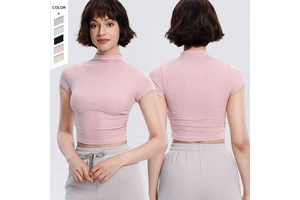 2024 New Yoga Short Sleeve T-shirt Women's Short Slim-fit Half High Neck Fold Waist Yoga Suit Sports Casual Top