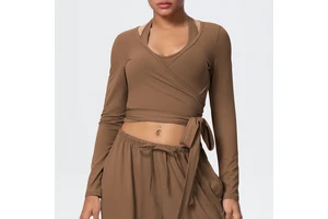 New Women Outdoor Fitness Stretchy Long-Sleeve Brushed Slim-Fit Cross Strap V Neck Sports Top for Running Fitness