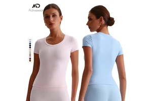 Women's Yoga Tops Breathable Quick Dry Shirt V-Neck Short Sleeve Fashion Workout Gym Fitness Sportswear
