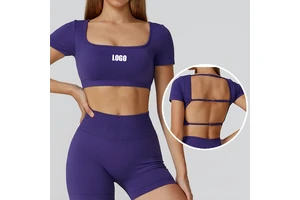 Activewear Ropa Deportiva Athletic Gym Workout Tight Sports Bra Yoga Padded Open Back Crop Short Sleeve Femme 2025