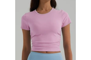 Women's Lightweight Yoga Top Summer Breathable Short Sleeve with Gathers High Stretch Spandex Sportswear Printed Design