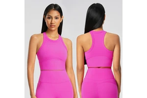 Women's Short Sleeveless Sports Vest High Round Neck Fitness Yoga With Fixed Cup Stretch T-Shirts